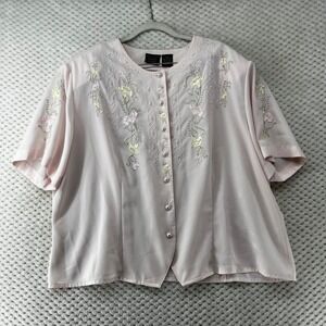 Laura Scott Woman Embroidered Button Down Top Floral Details Blouse Pale Pink22W